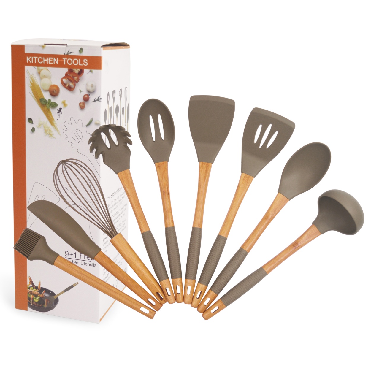 Custom Kitchenware Bamboo and Silicone Kitchen Utensils Set