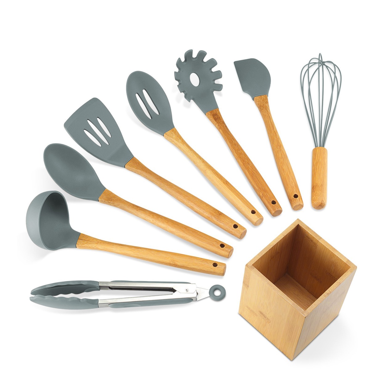 Wholesale Bamboo & Silicone Kitchen Utensils with Square Holder