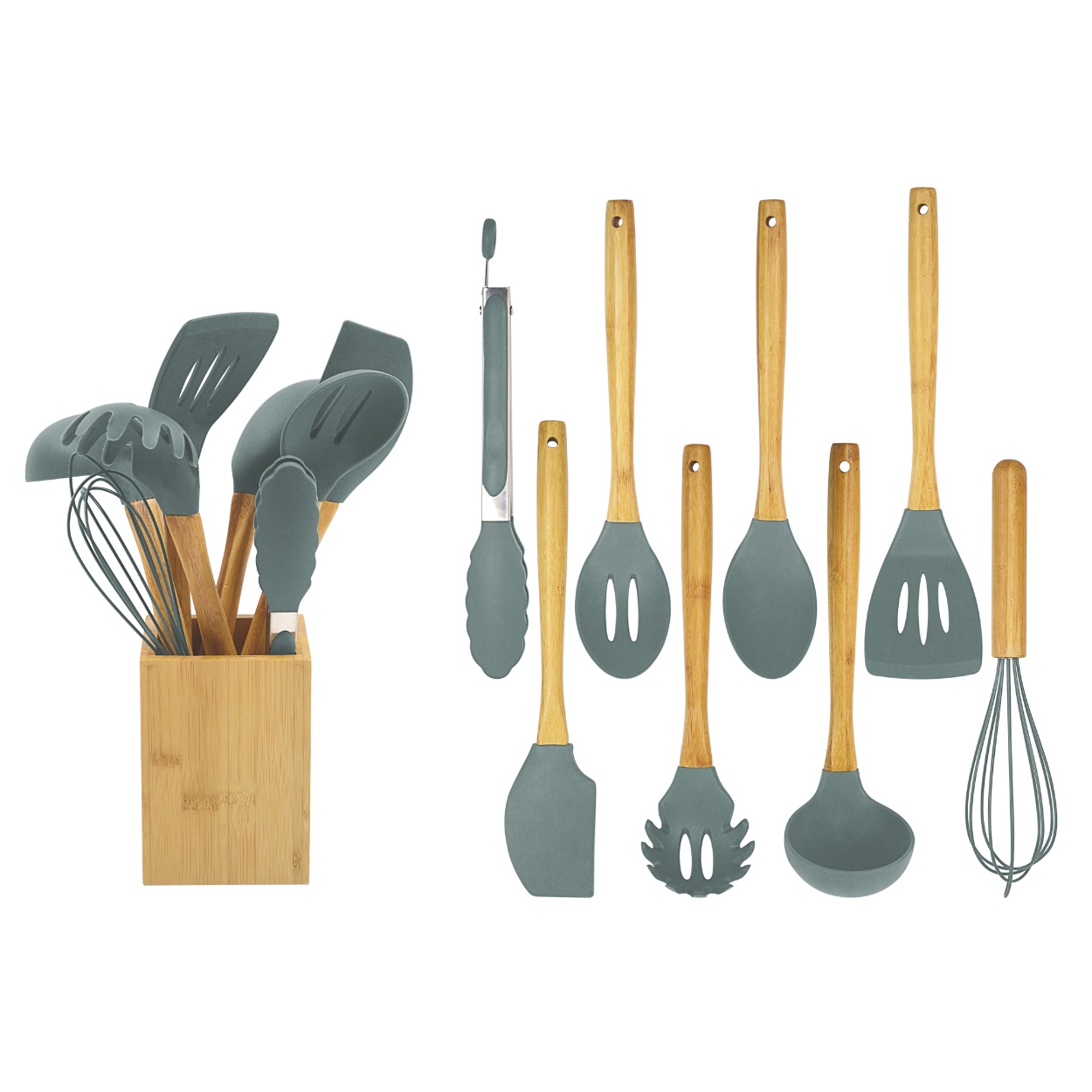 Wholesale Bamboo & Silicone Kitchen Utensils with Square Holder